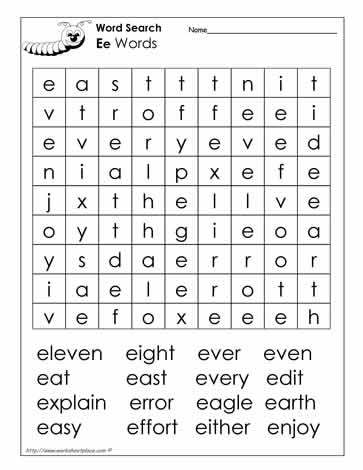 Words Beginning with E Wordsearch